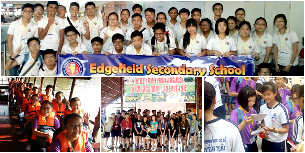 Group of students from Edgefield Secondary School posing with a banner in multiple outdoor activity scenes.